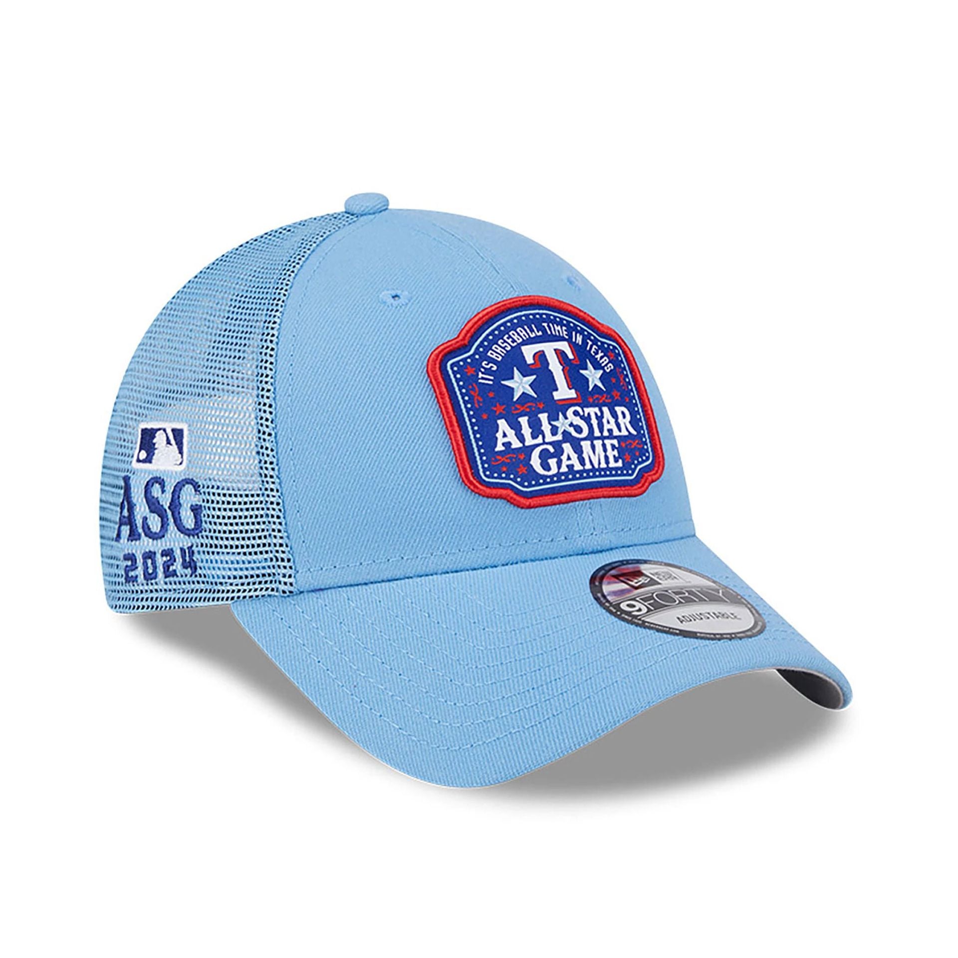 This is a Texas Rangers MLB All Star Game Patch Pastel Blue 9FORTY Trucker Cap 1