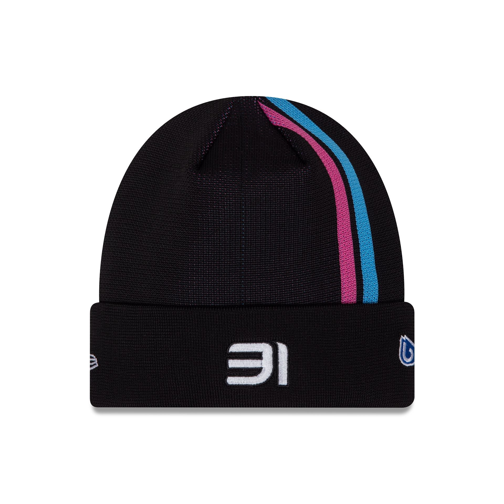 This is a Alpine Racing Black Esteban Ocon Stripe Cuff Knit Beanie Hat 1