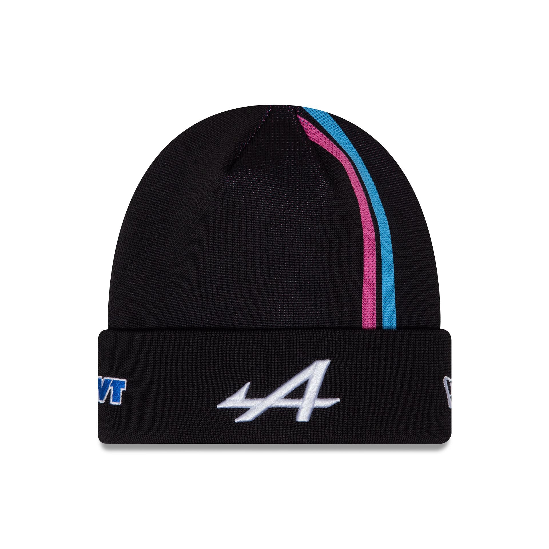 This is a Alpine Racing Black Esteban Ocon Stripe Cuff Knit Beanie Hat 2