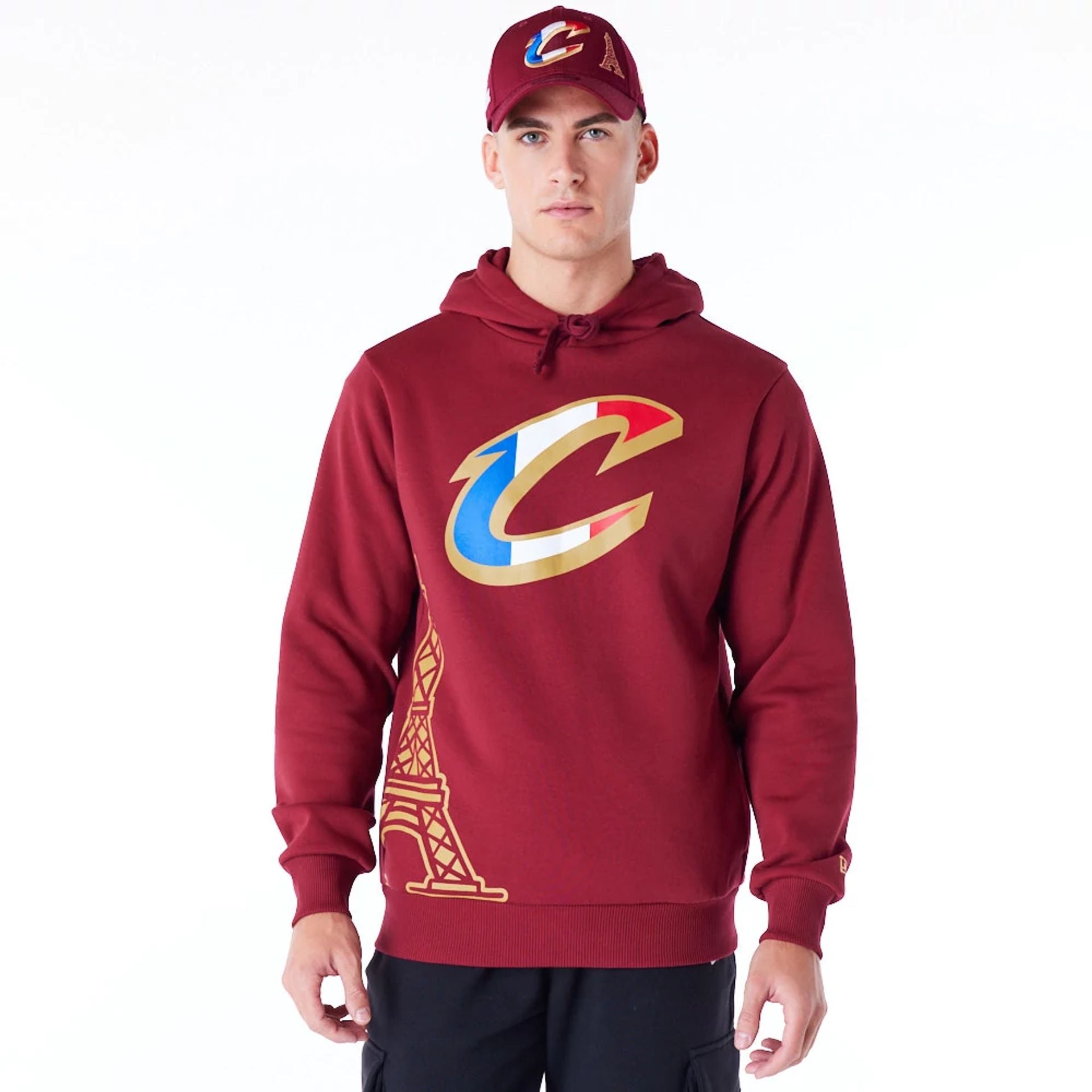 The Male model is wearing Cleveland Cavaliers NBA Paris Games Dark Red Pullover Hoodie 1