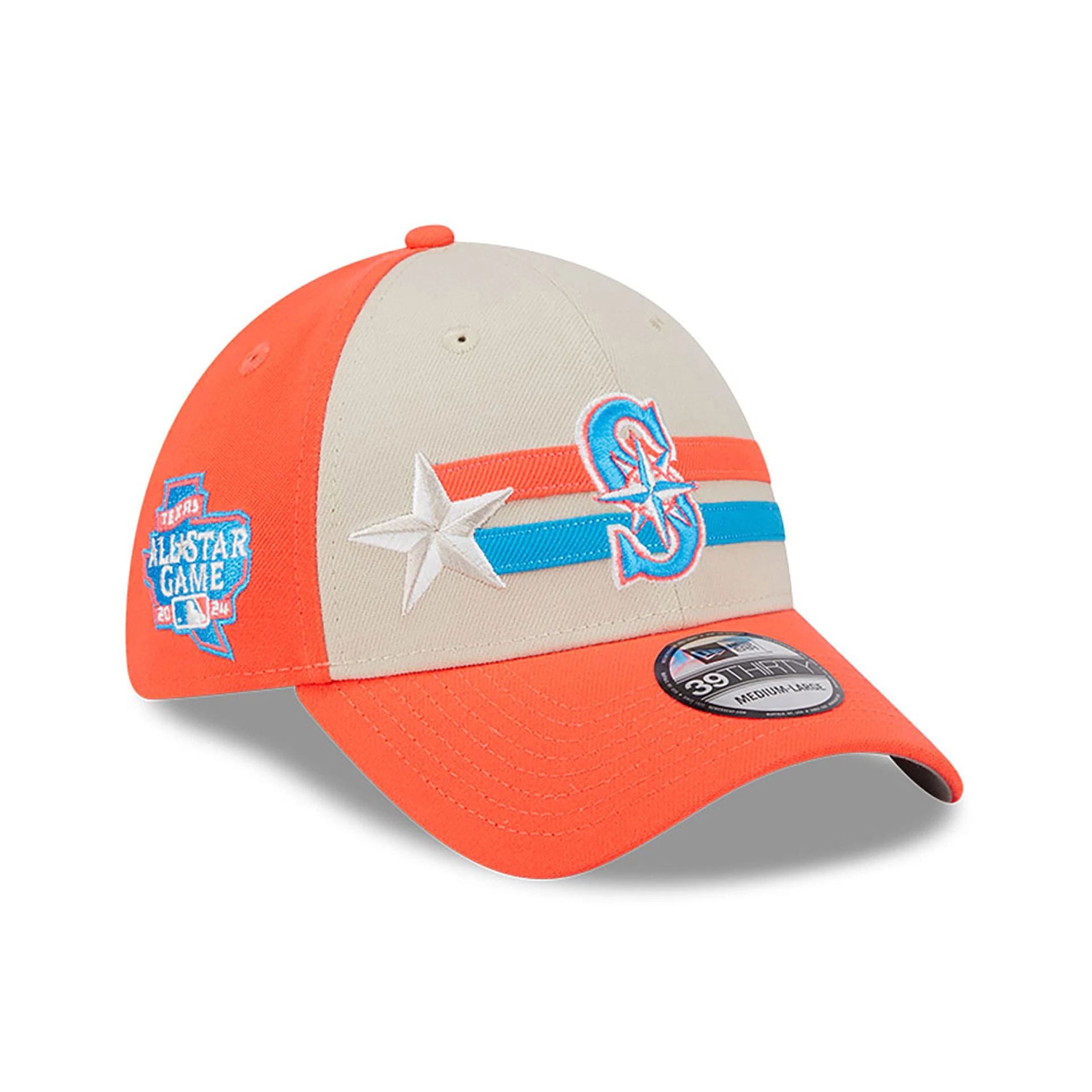 This is a Seattle Mariners MLB All Star Game 2024 Orange 39THIRTY Stretch Fit Cap 1