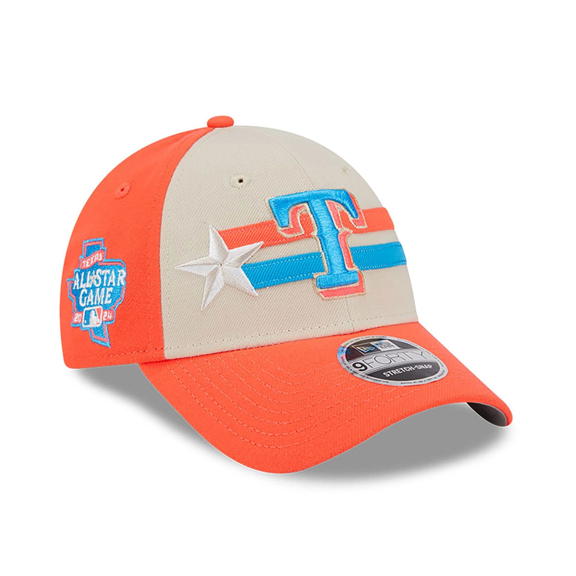 This is a Texas Rangers MLB All Star Game 2024 Bright Red 9FORTY Stretch Snap Cap 1