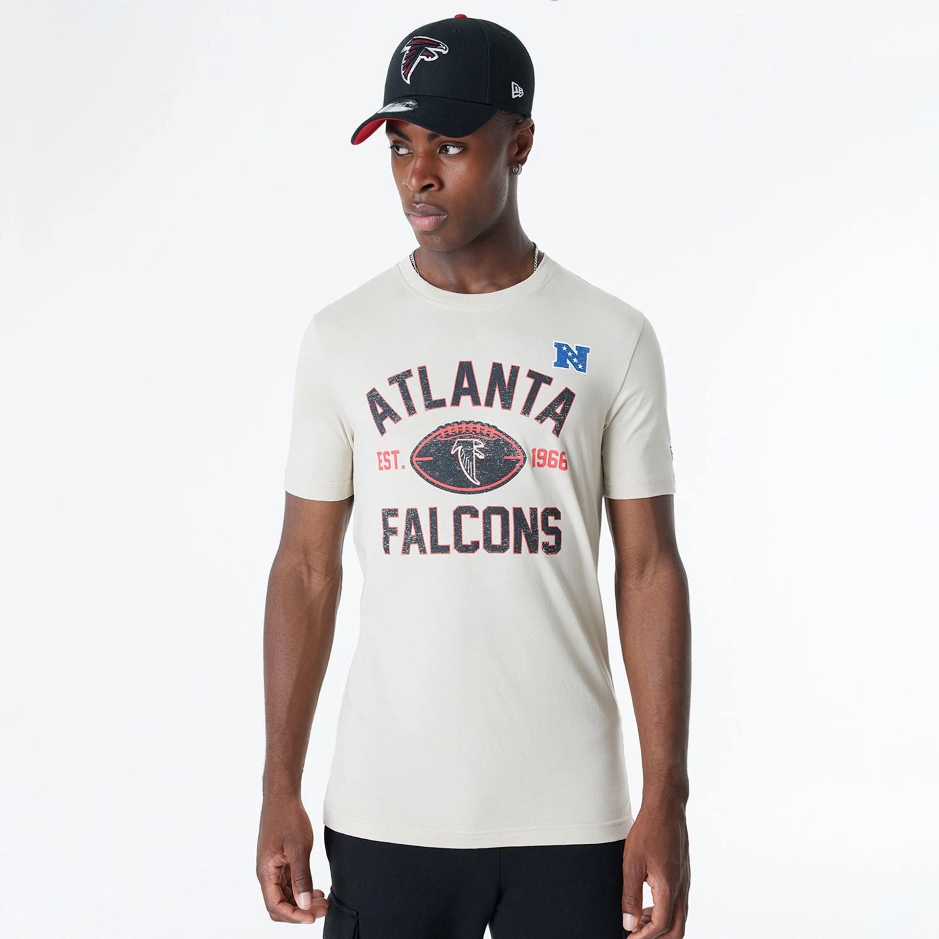 The Male model is wearing Atlanta Falcons NFL 3rd Down Historic Light Beige T-Shirt 1