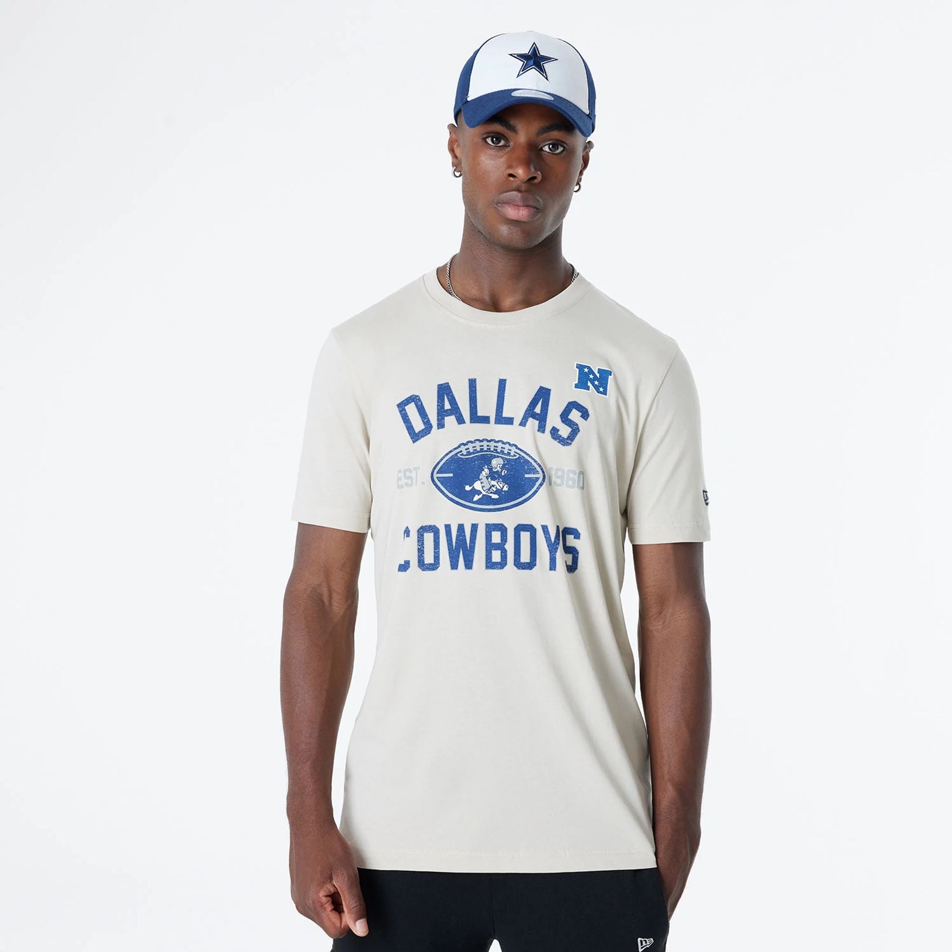 The Male model is wearing Dallas Cowboys NFL 3rd Down Historic Light Beige T-Shirt 1