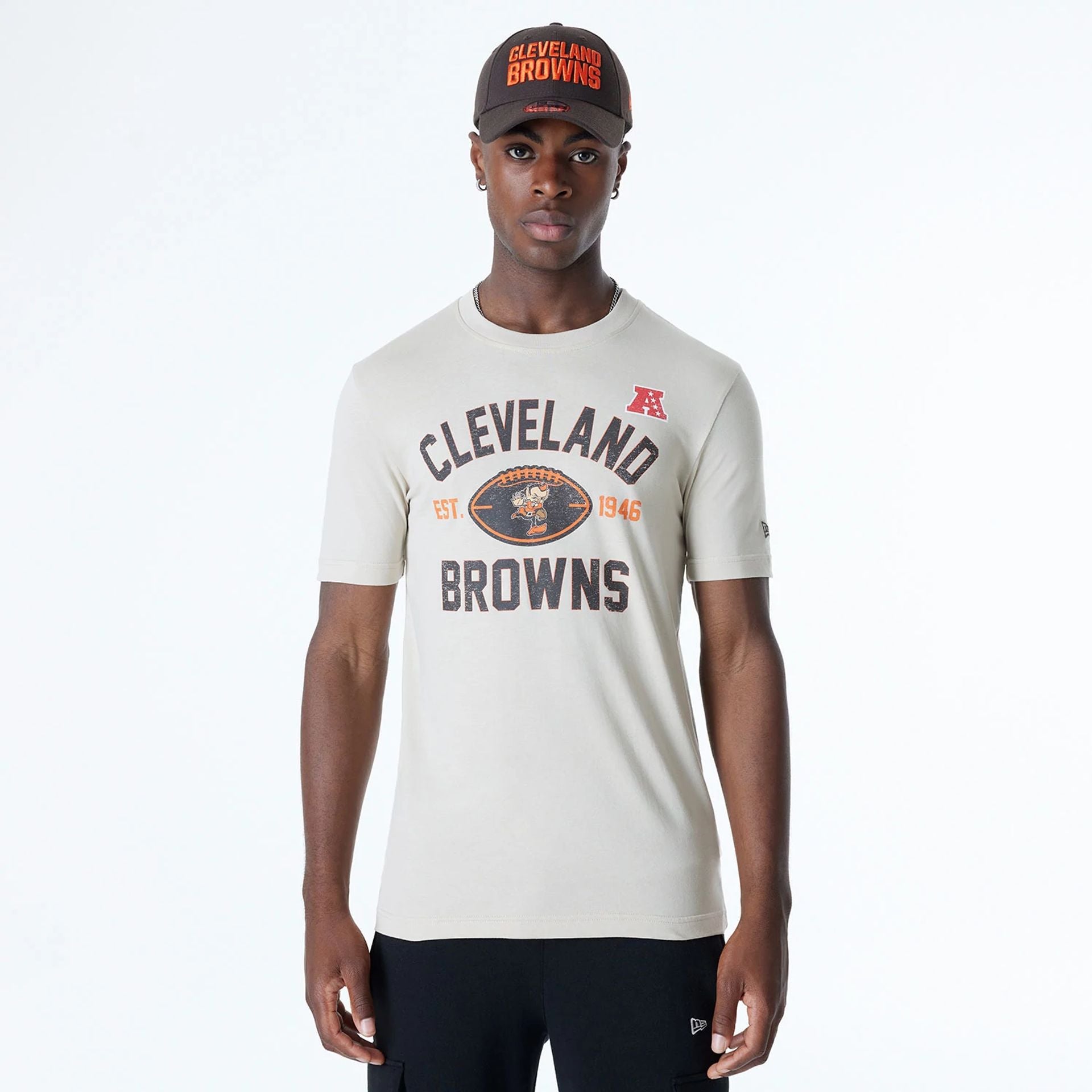 The Male model is wearing Cleveland Browns NFL 3rd Down Historic Light Beige T-Shirt  1