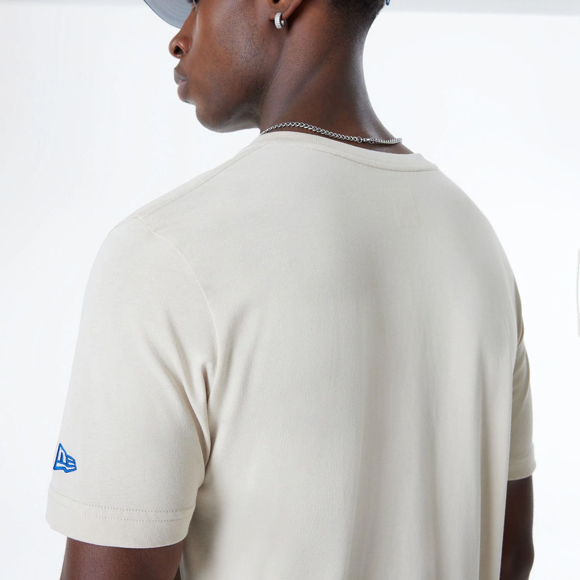 The Male model is wearing New England Patriots NFL 3rd Down Historic Light Beige T-Shirt  6