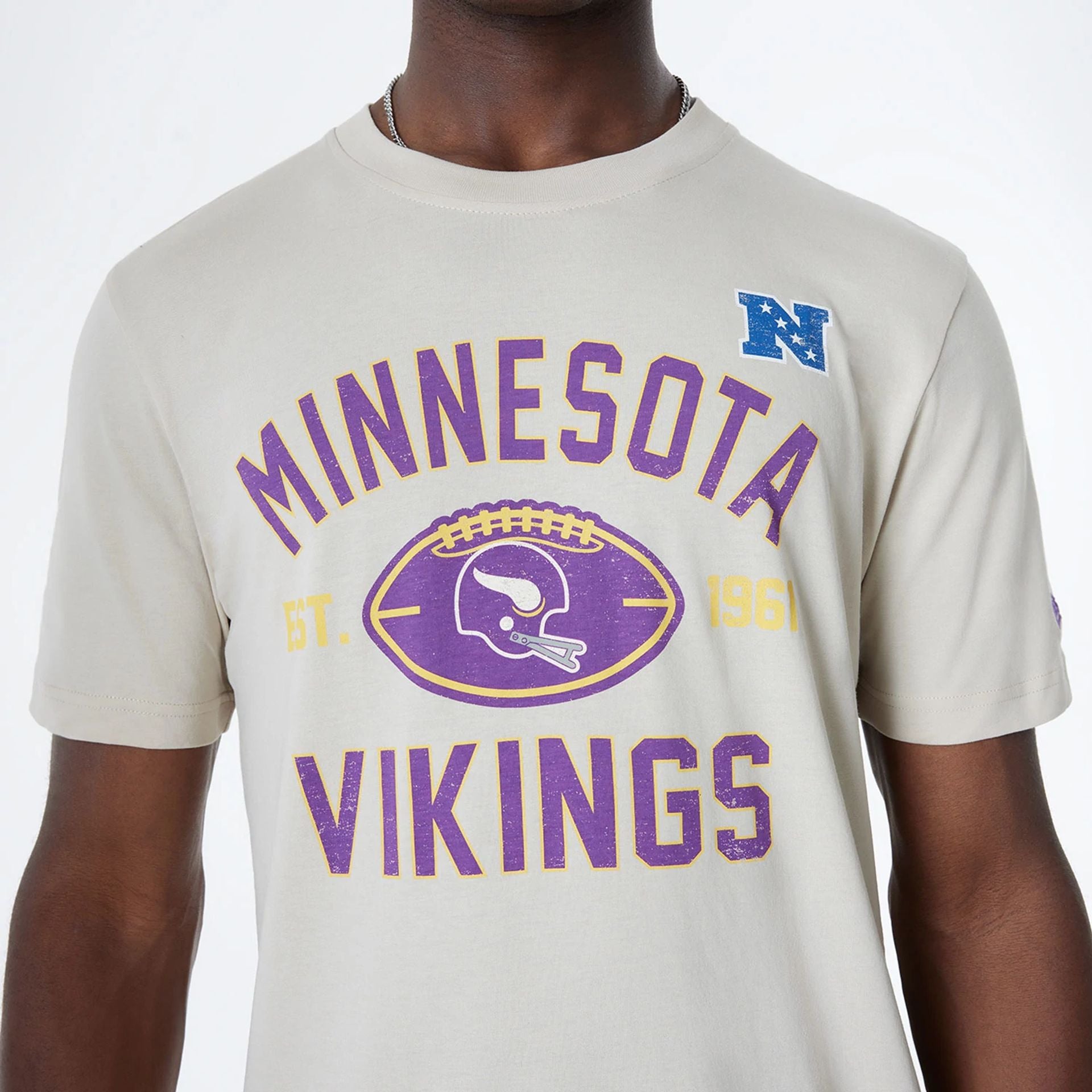 The Male model is wearing Minnesota Vikings NFL 3rd Down Historic Light Beige T-Shirt  3