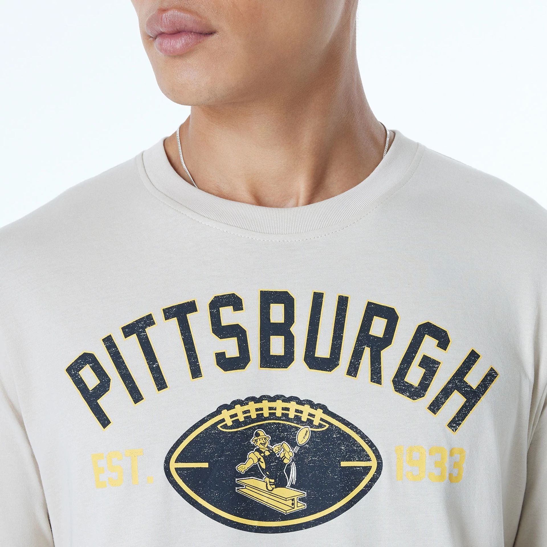 The Male model is wearing Pittsburgh Steelers NFL 3rd Down Historic Light Beige T-Shirt  6