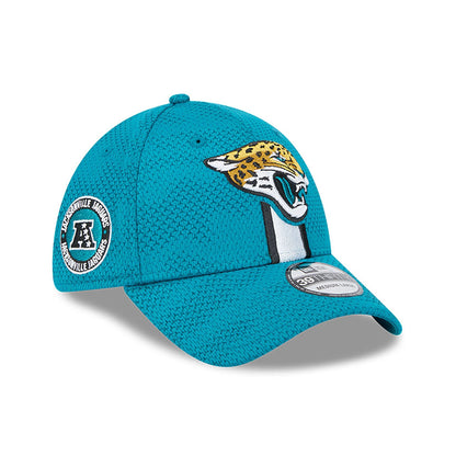 This is a Jacksonville Jaguars NFL Sideline 2024 Turquoise 39THIRTY Stretch Fit Cap 1