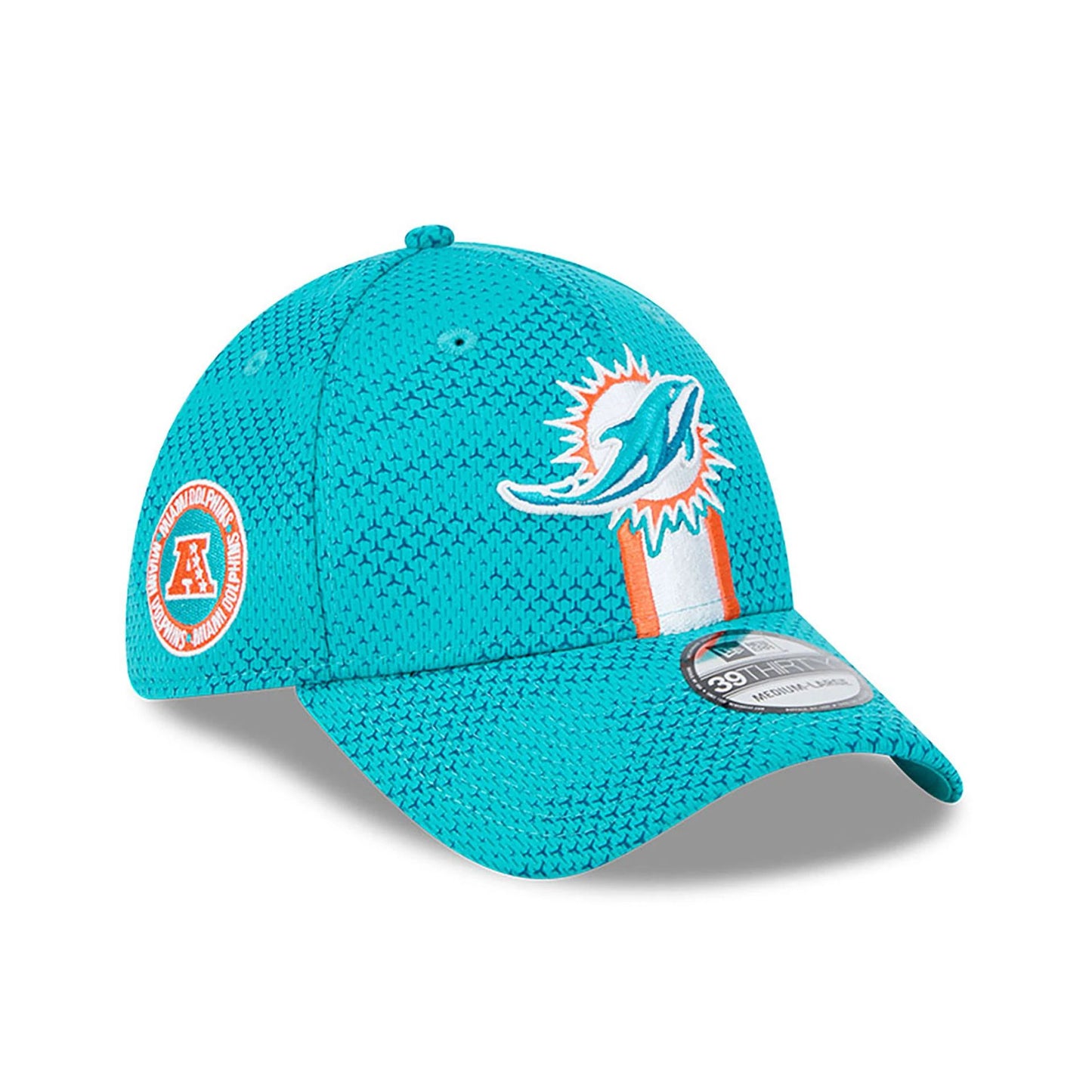 This is a Miami Dolphins NFL Sideline 2024 Turquoise 39THIRTY Stretch Fit Cap 1