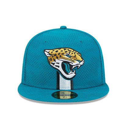 This is a Jacksonville Jaguars NFL Sideline 2024 Turquoise 59FIFTY Fitted Cap 2