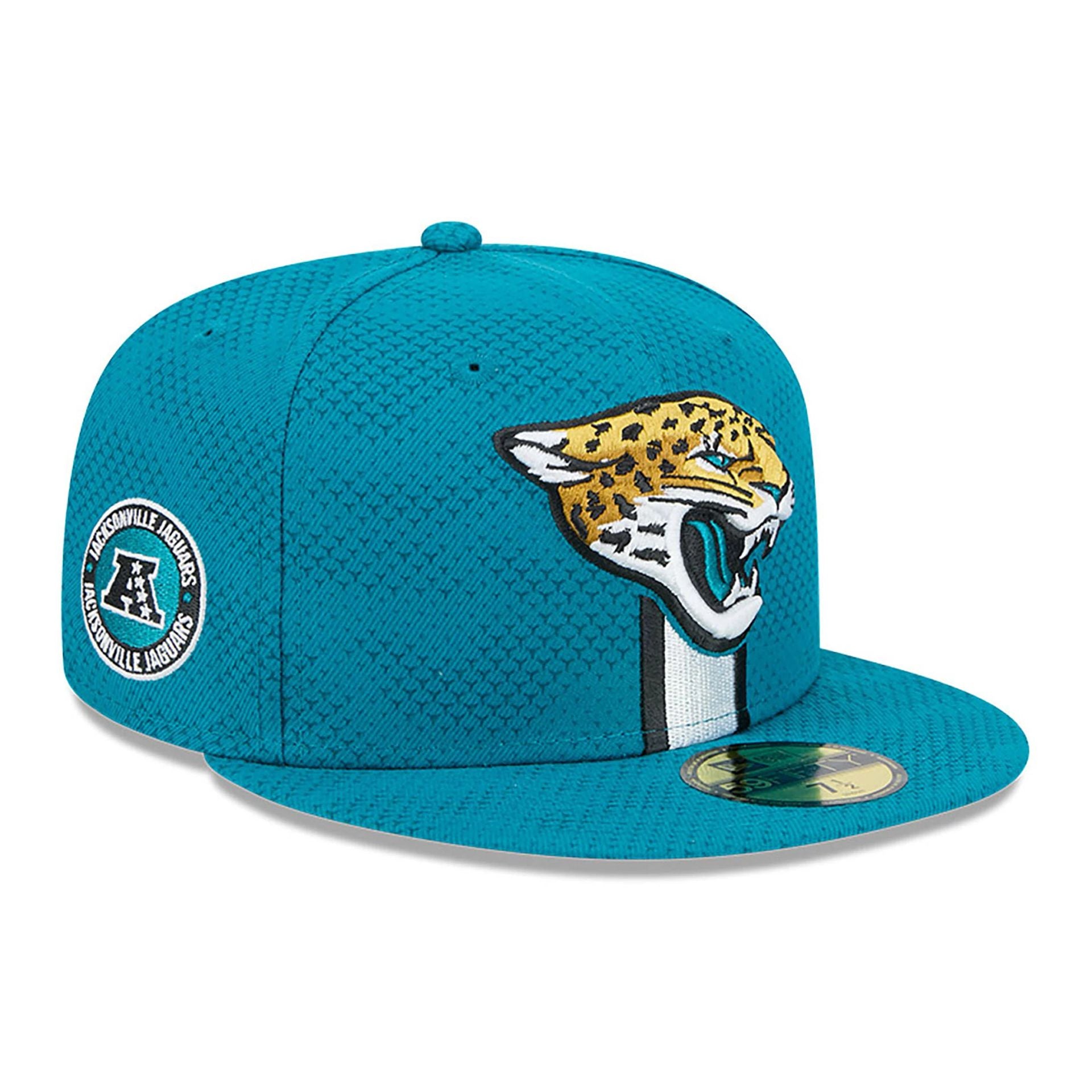 This is a Jacksonville Jaguars NFL Sideline 2024 Turquoise 59FIFTY Fitted Cap 1