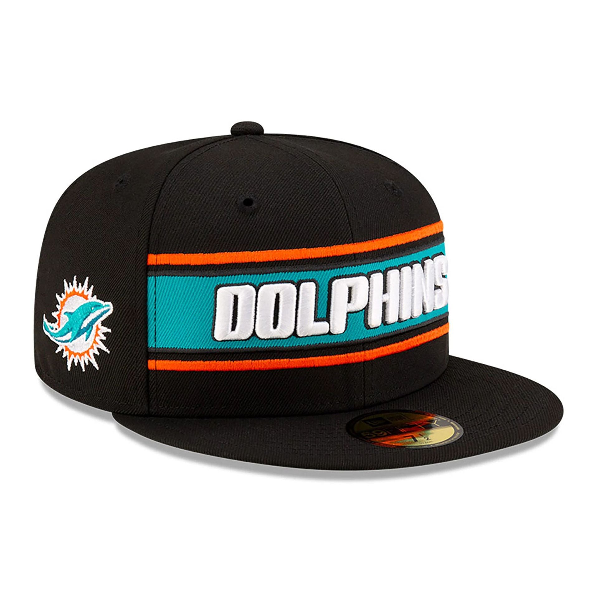 This is a Miami Dolphins NFL Sideline 2024 Black 59FIFTY Fitted Cap 1