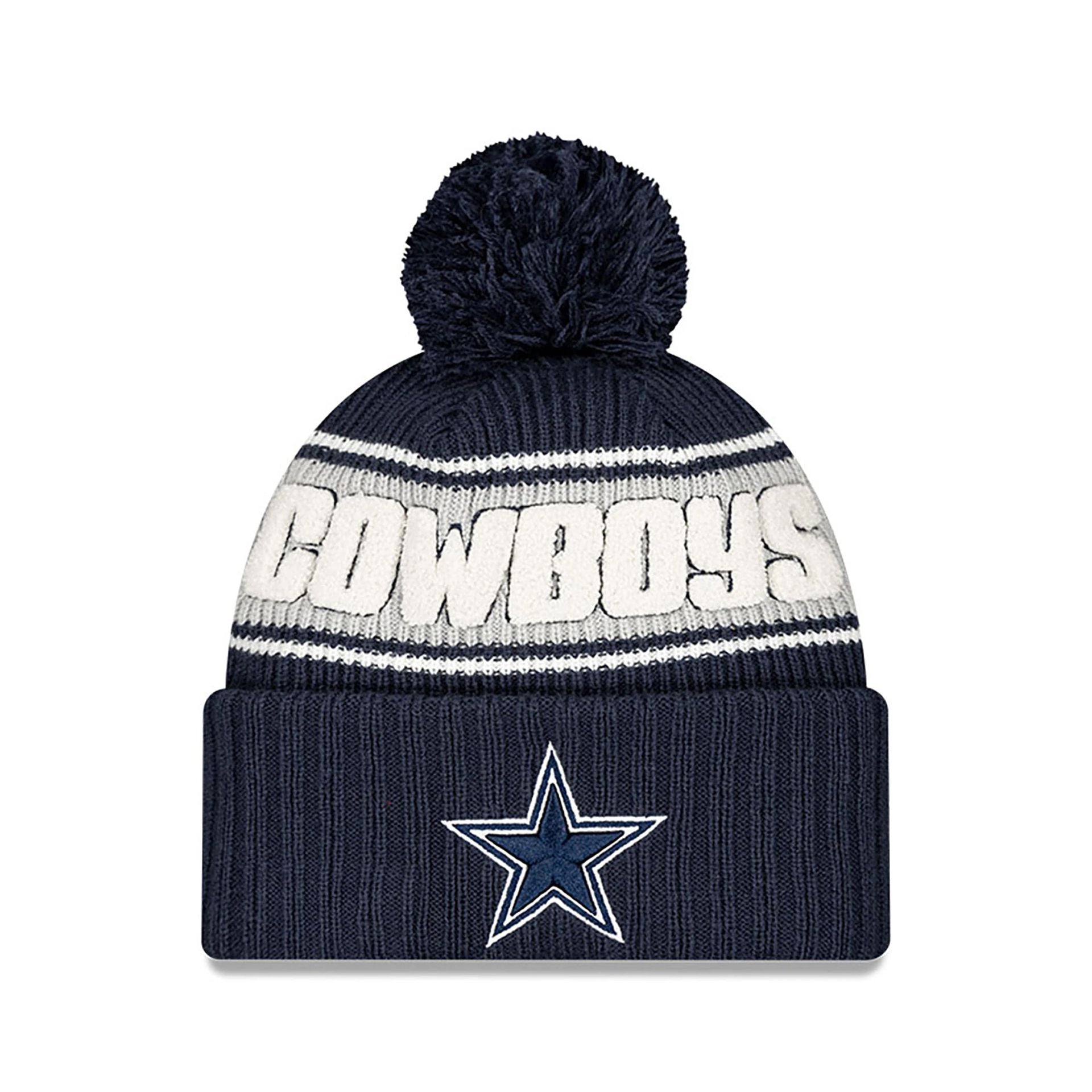 This is a Dallas Cowboys NFL Sideline 2024 Dark Blue Sport Knit Beanie Hat 1