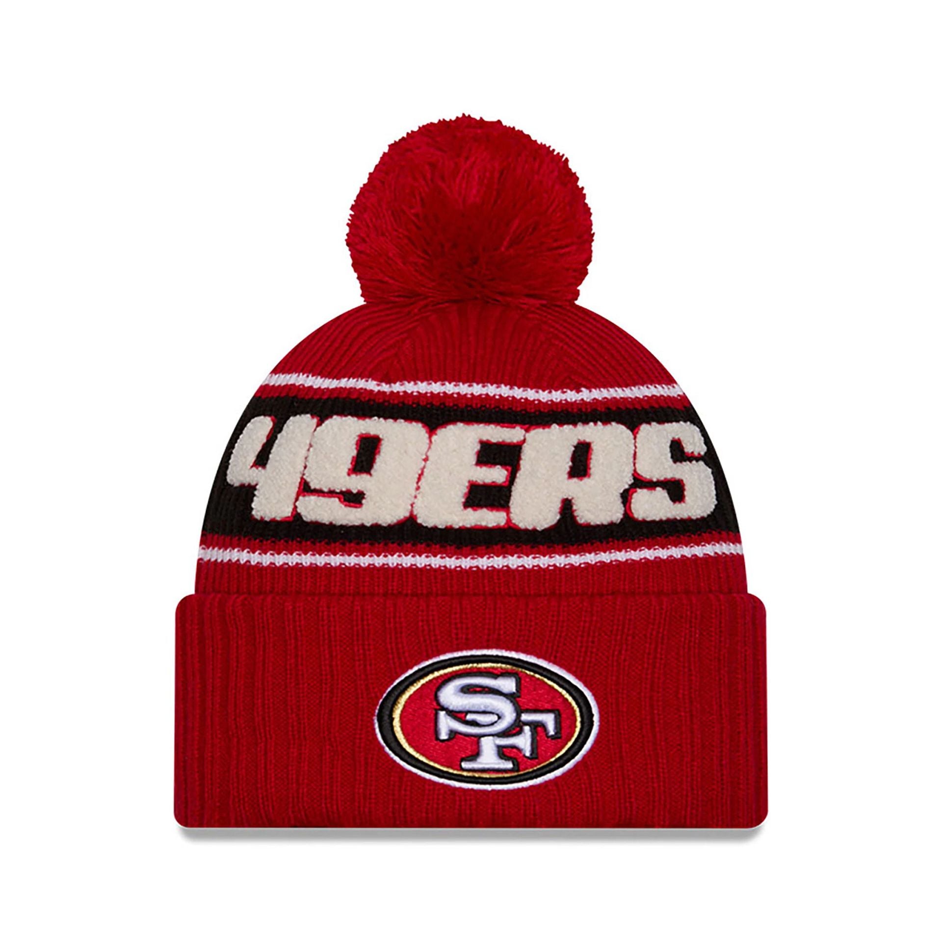 This is a San Francisco 49ers NFL Sideline 2024 Red Sport Knit Beanie Hat 1