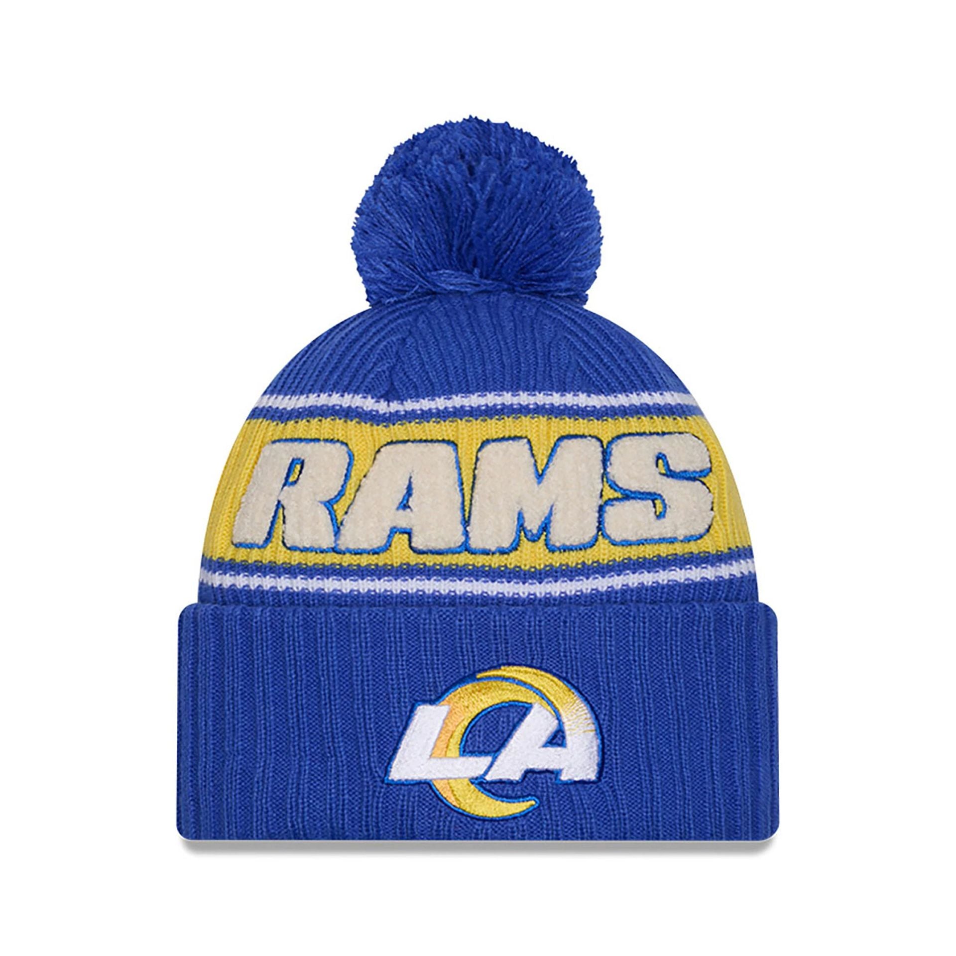 This is a LA Rams NFL Sideline 2024 Blue Sport Knit Beanie Hat 1