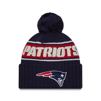 This is a New England Patriots NFL Sideline 2024 Dark Blue Sport Knit Beanie Hat 1