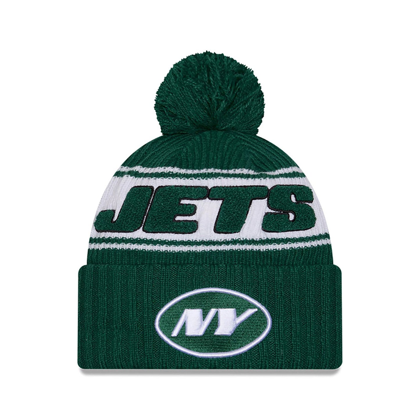 This is a New York Jets NFL Sideline 2024 Green Sport Knit Beanie Hat 1