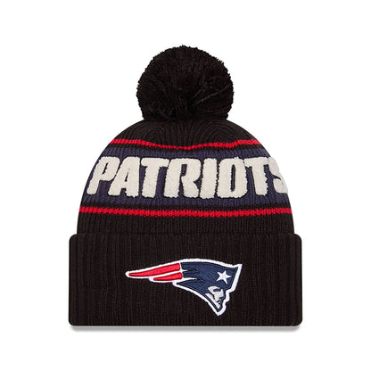 This is a New England Patriots NFL Sideline 2024 Black Sport Knit Beanie Hat 1