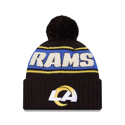 This is a LA Rams NFL Sideline 2024 Bright Black Sport Knit Beanie Hat 1