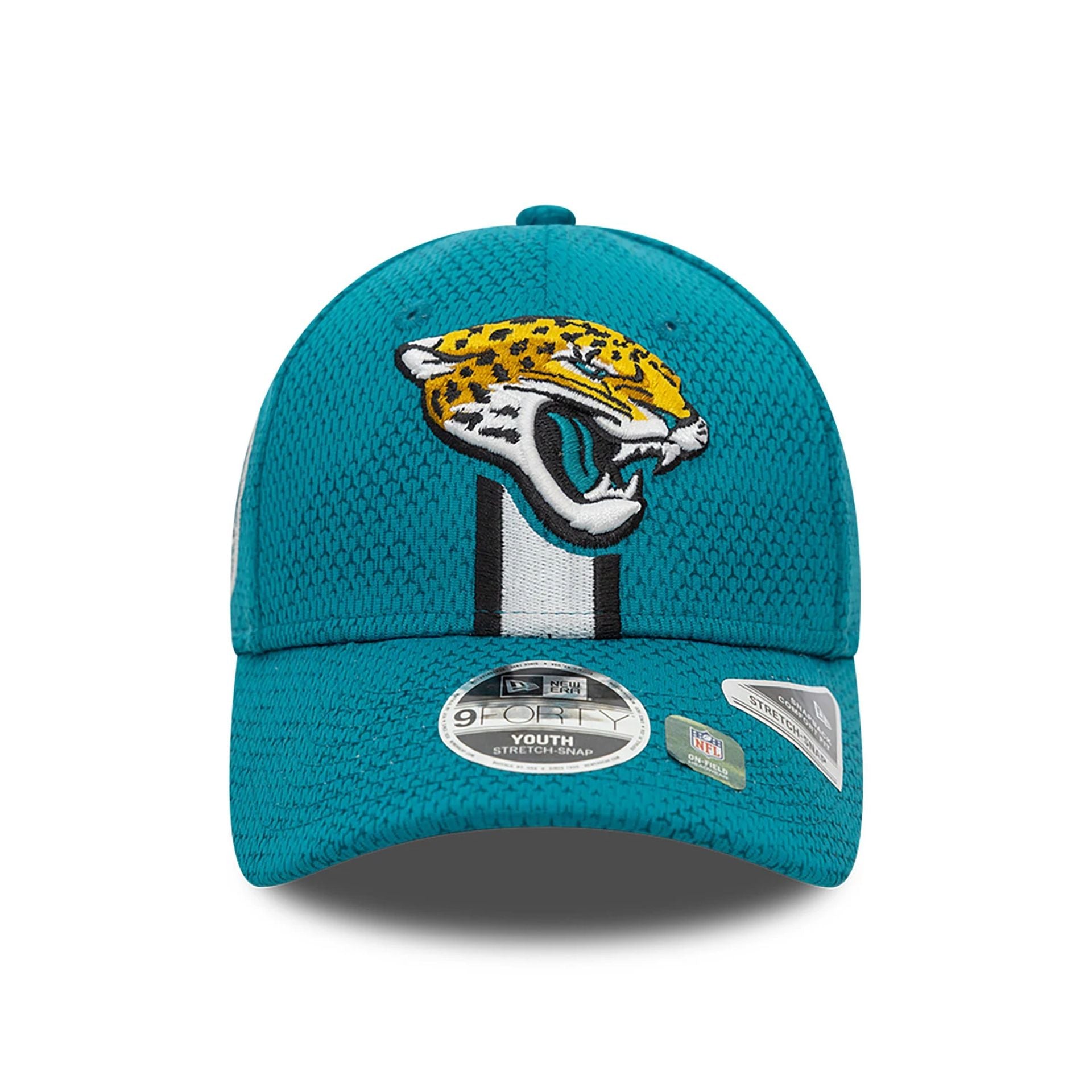 This is a Jacksonville Jaguars Youth NFL Sideline 2024 Turquoise 9FORTY Stretch Snap Cap 2