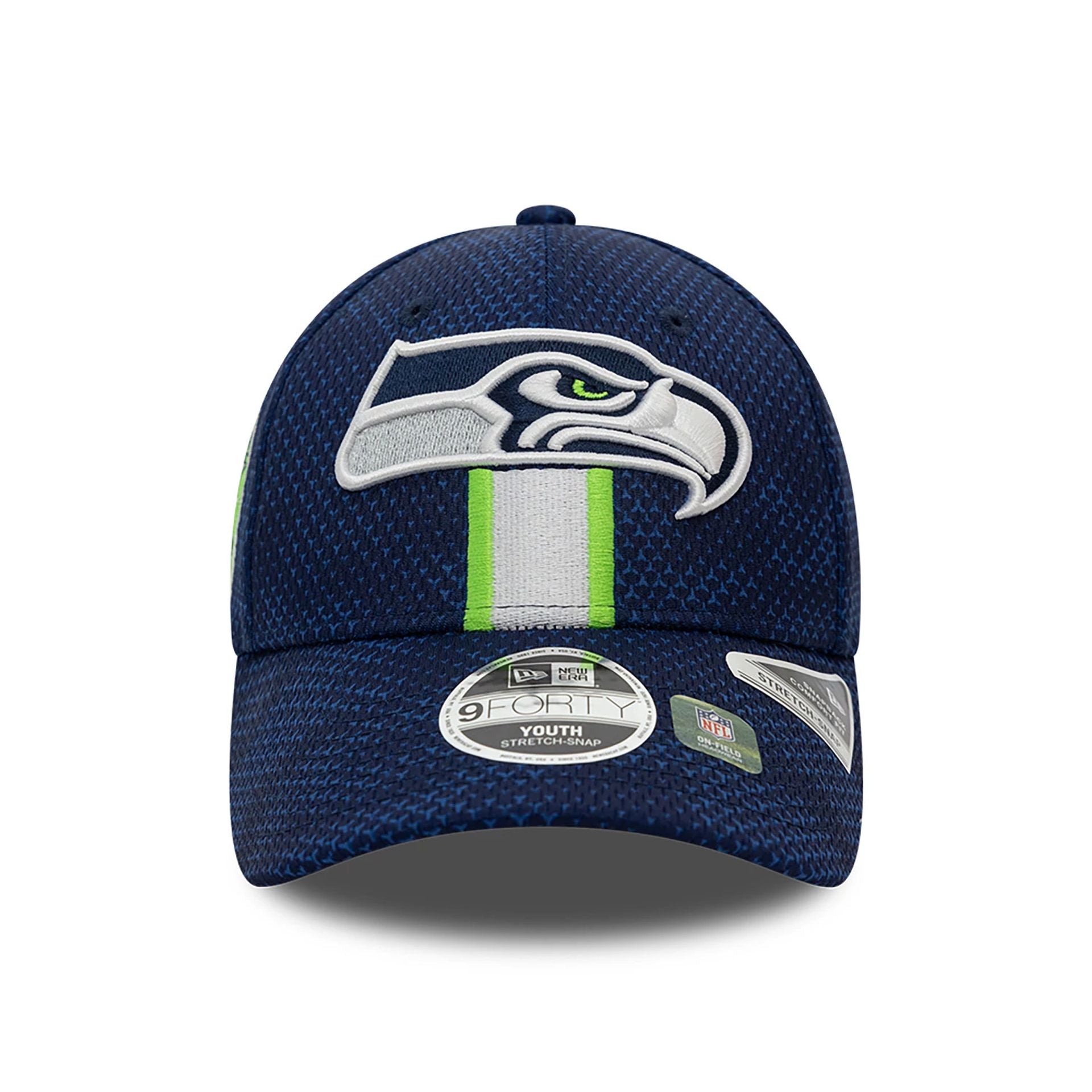 This is a Seattle Seahawks Youth NFL Sideline 2024 Dark Blue 9FORTY Stretch Snap Cap 2