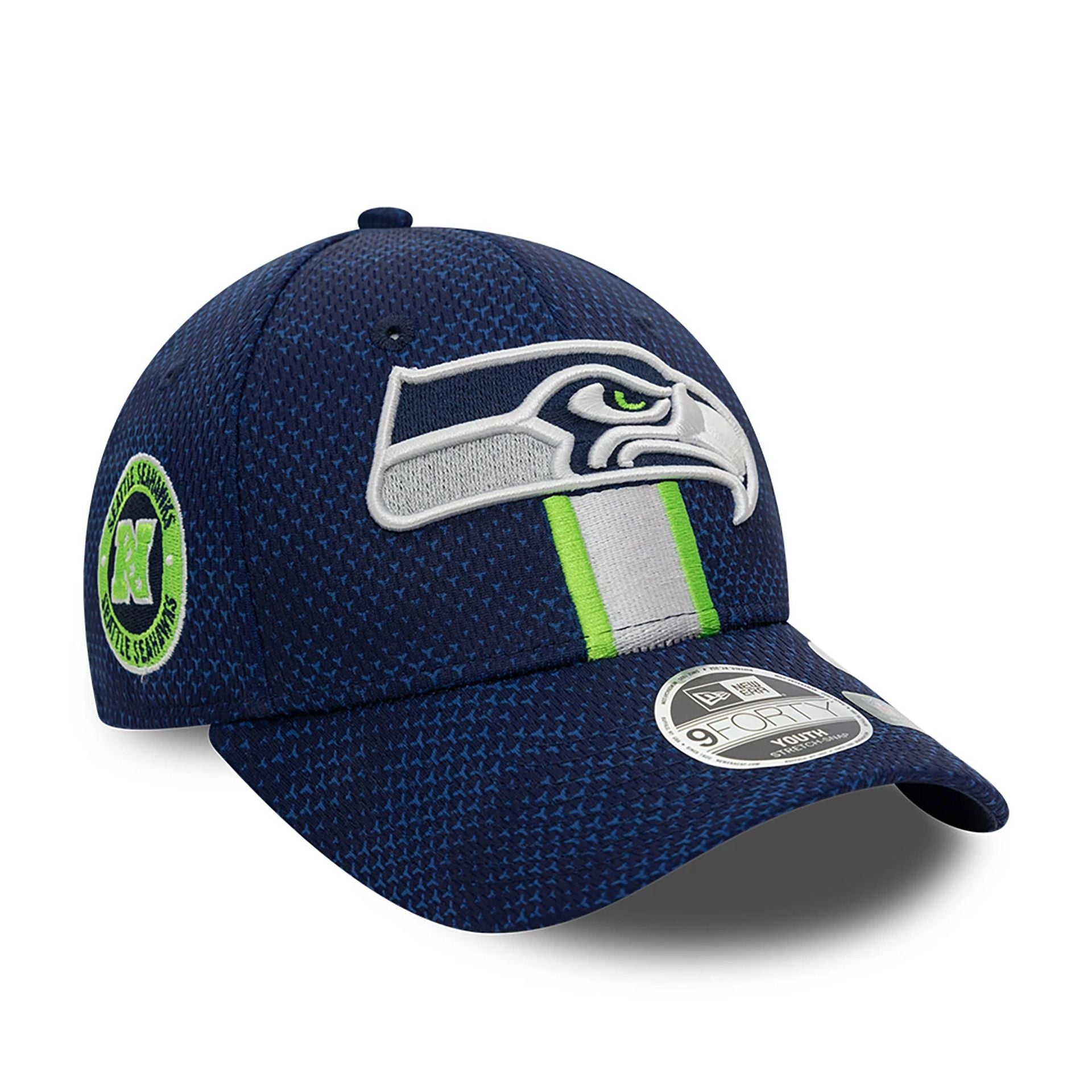 This is a Seattle Seahawks Youth NFL Sideline 2024 Dark Blue 9FORTY Stretch Snap Cap 1