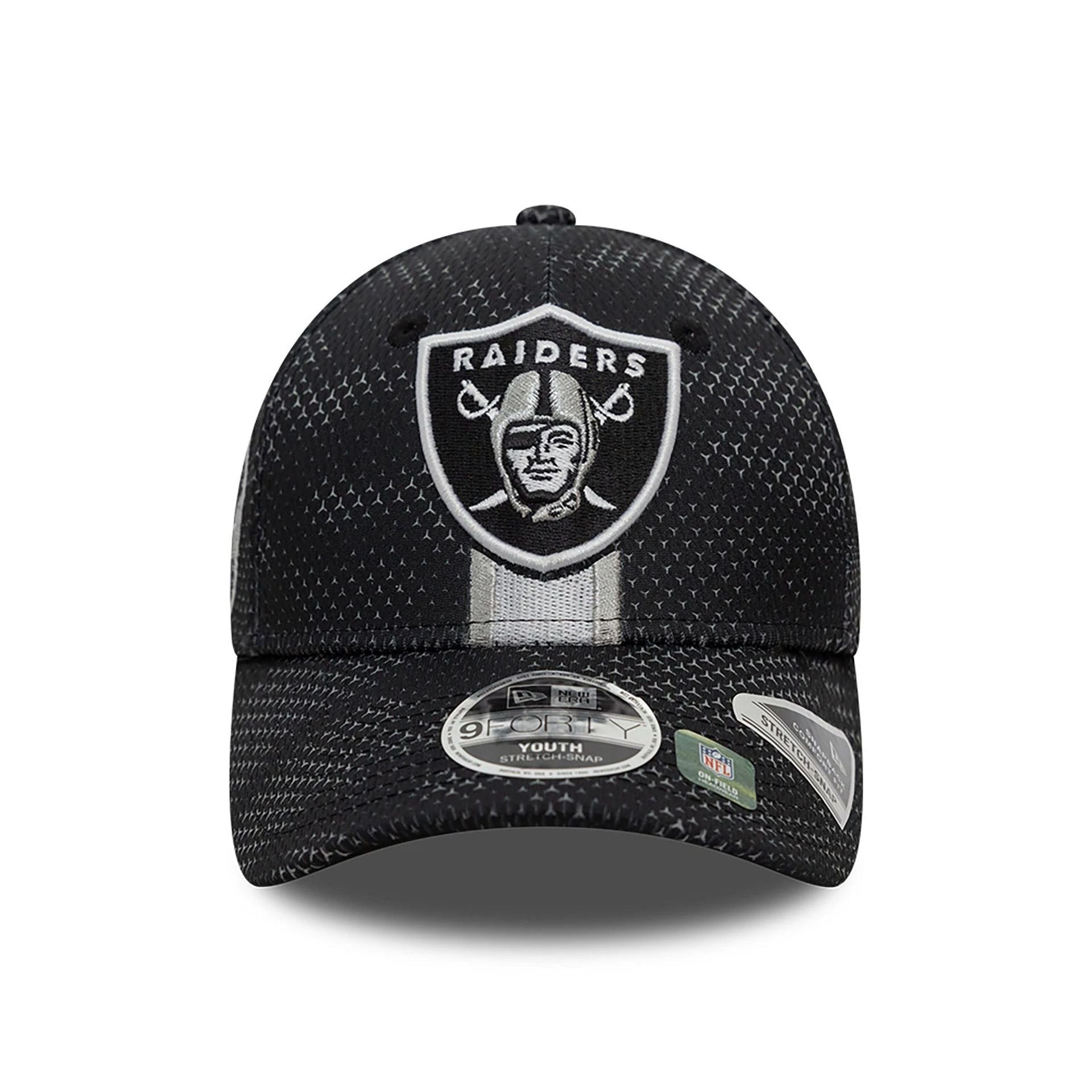 This is a Las Vegas Raiders Youth NFL Sideline 2024 Black 9FORTY Stretch Snap Cap 2