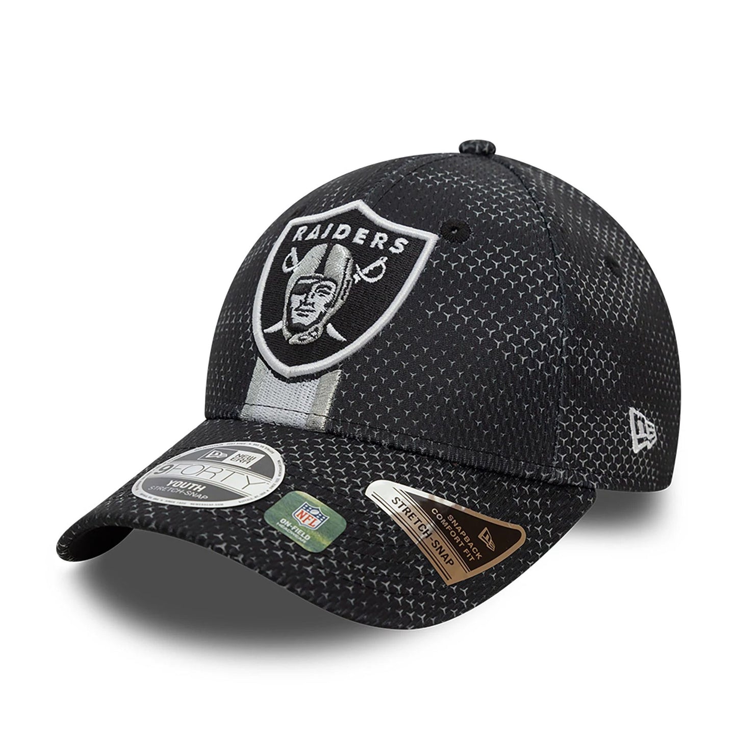 This is a Las Vegas Raiders Youth NFL Sideline 2024 Black 9FORTY Stretch Snap Cap 3