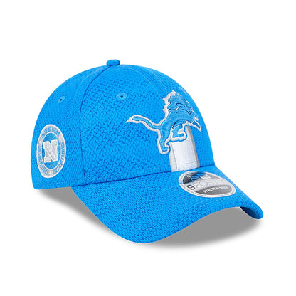 This is a Detroit Lions NFL Sideline 2024 Blue 9FORTY Stretch Snap Cap 1