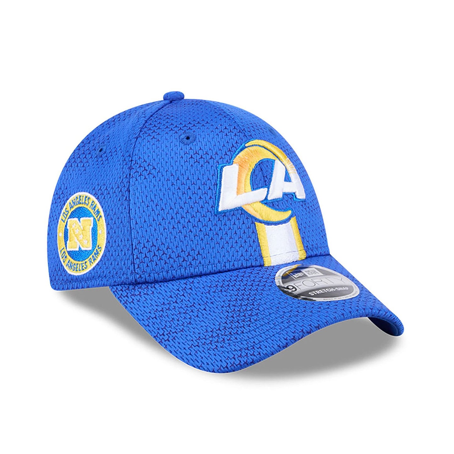 This is a LA Rams NFL Sideline 2024 Bright Blue 9FORTY Stretch Snap Cap 1