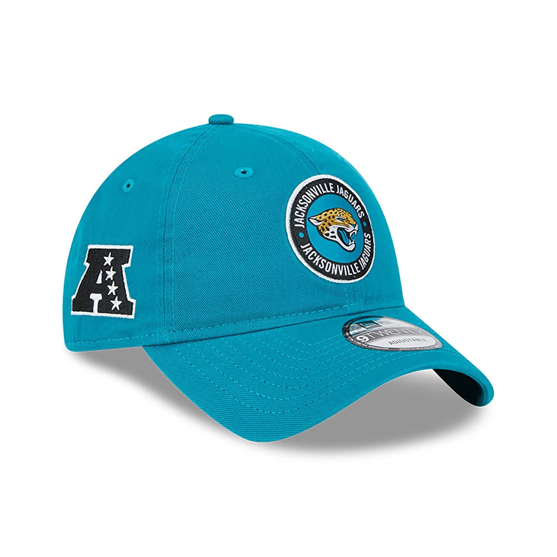 This is a Jacksonville Jaguars NFL Sideline 2024 Turquoise 9TWENTY Adjustable Cap 1