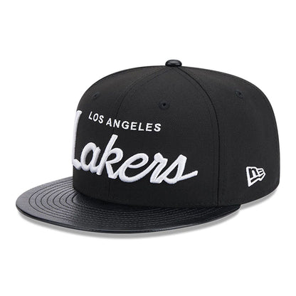 This is a LA Lakers Faux Leather Visor Black 9FIFTY Snapback Cap 4