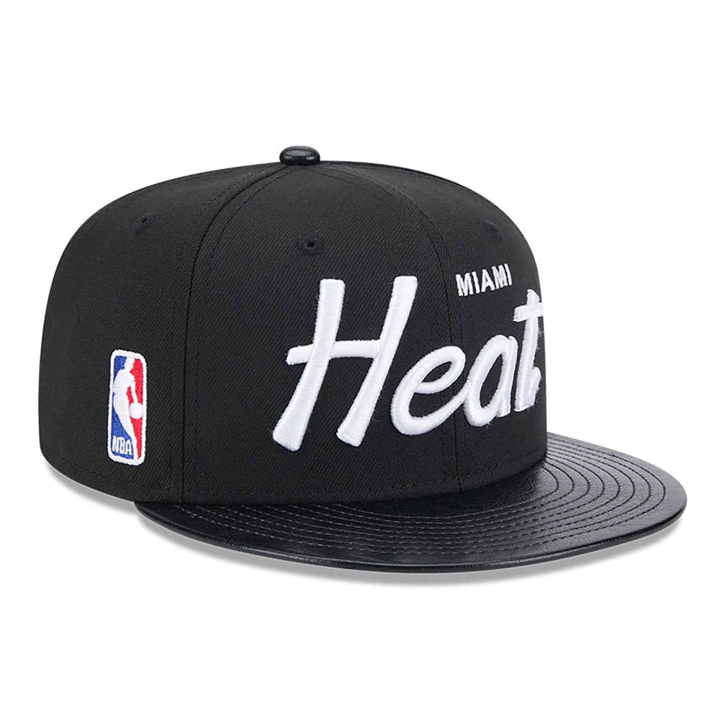 This is a Miami Heat Faux Leather Visor Black 9FIFTY Snapback Cap 1