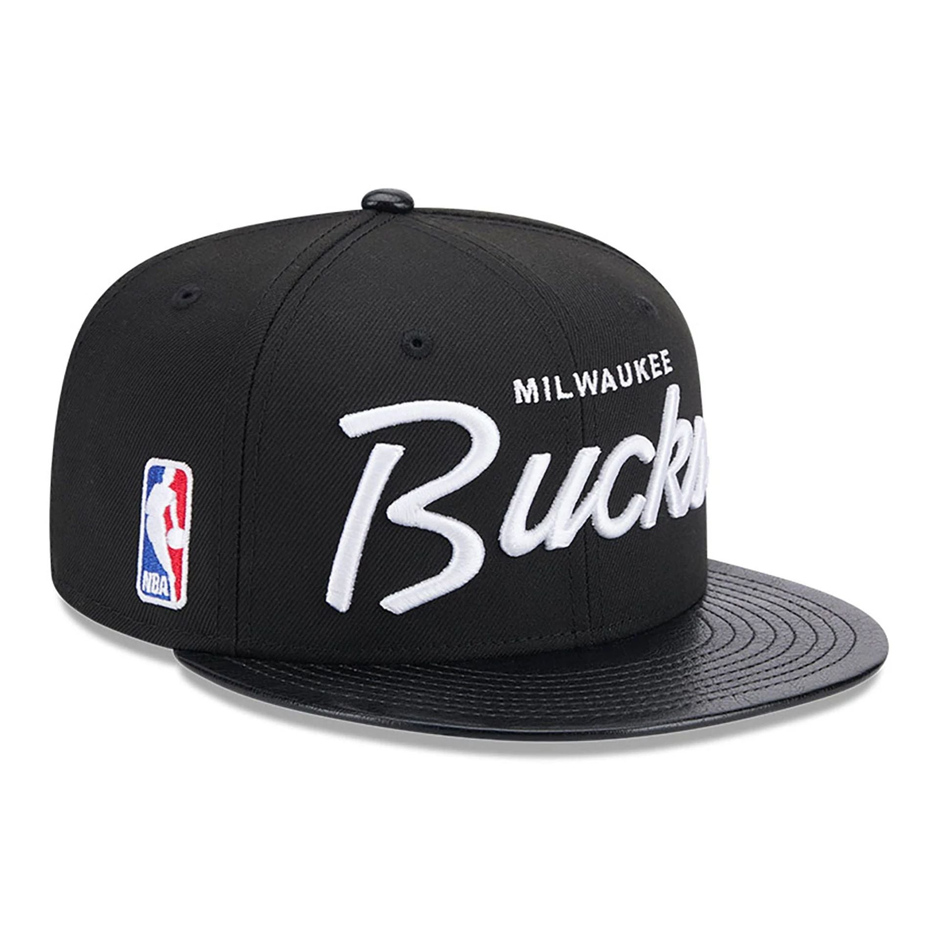 This is a Milwaukee Bucks Faux Leather Visor Black 9FIFTY Snapback Cap 1