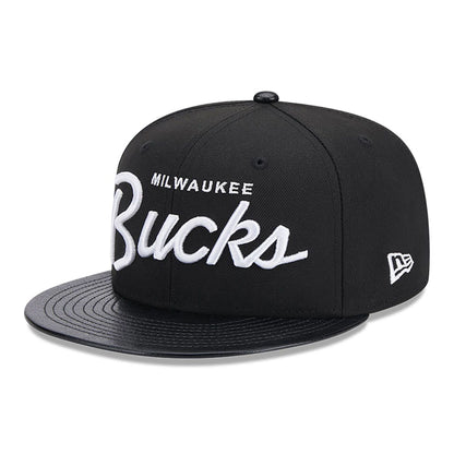 This is a Milwaukee Bucks Faux Leather Visor Black 9FIFTY Snapback Cap 4