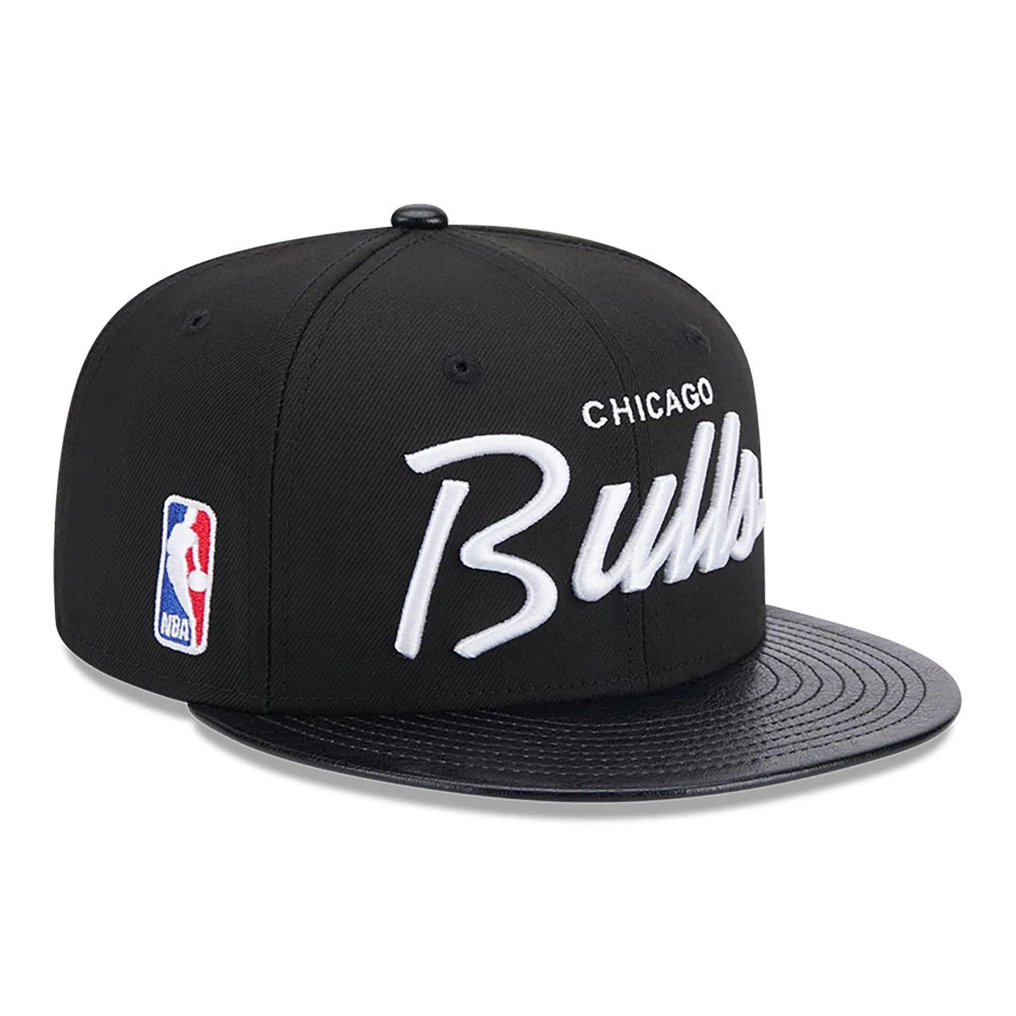 This is a Chicago Bulls Faux Leather Visor Black 9FIFTY Snapback Cap 1