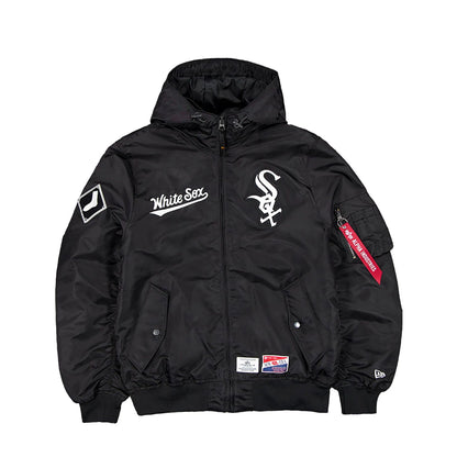 The Male model is wearing Chicago White Sox MLB x Alpha Industries Black Hooded Bomber Jacket 1