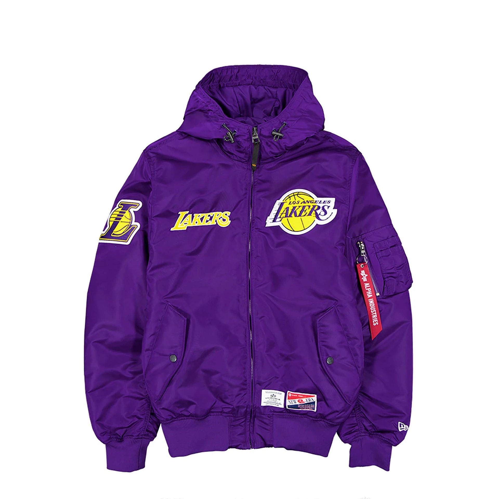 The Male model is wearing LA Lakers NBA x Alpha Purple Hooded Bomber Jacket 1