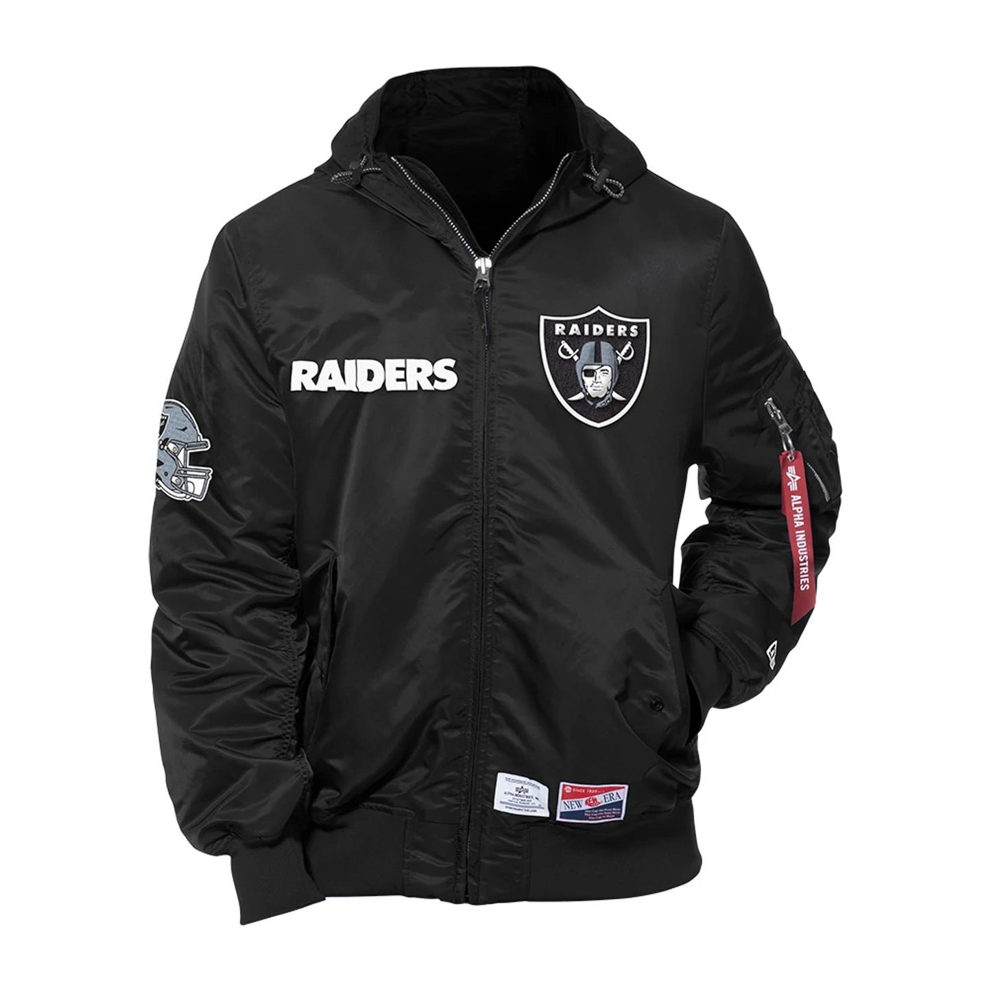 The Male model is wearing Las Vegas Raiders NFL x Alpha Industries Black Hooded Bomber Jacket 1