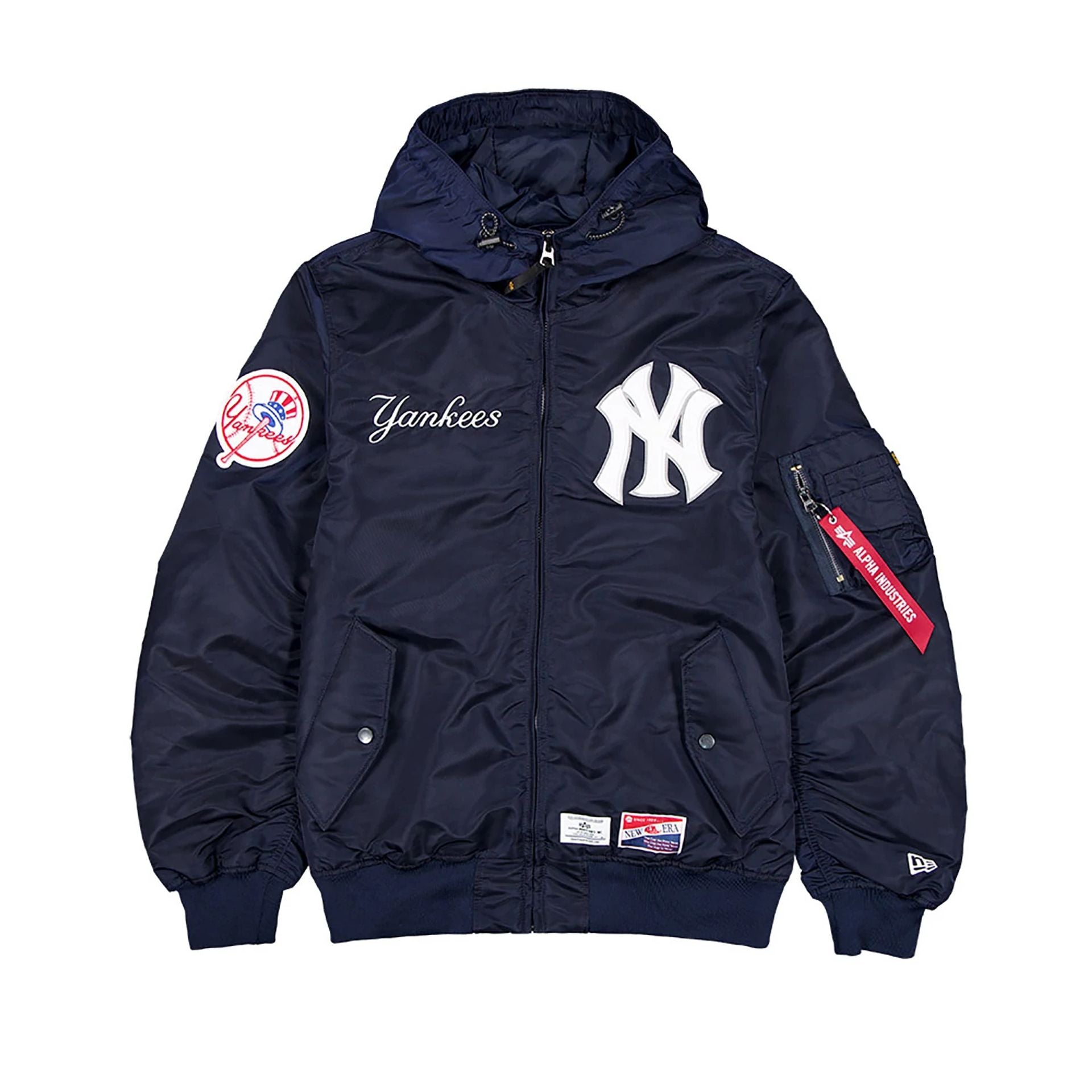 The Male model is wearing New York Yankees MLB x Alpha Industries Navy Hooded Bomber Jacket 1