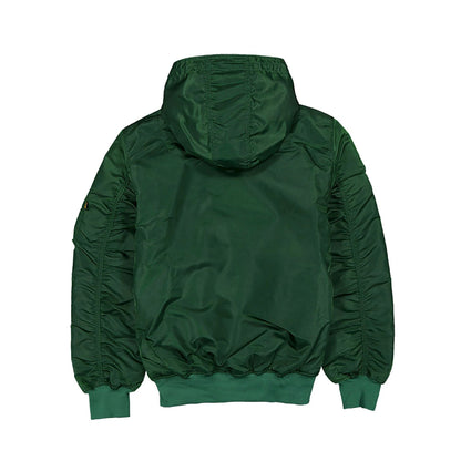 The Male model is wearing Oakland Athletics MLB x Alpha Industries Dark Green Hooded Bomber Jacket 2