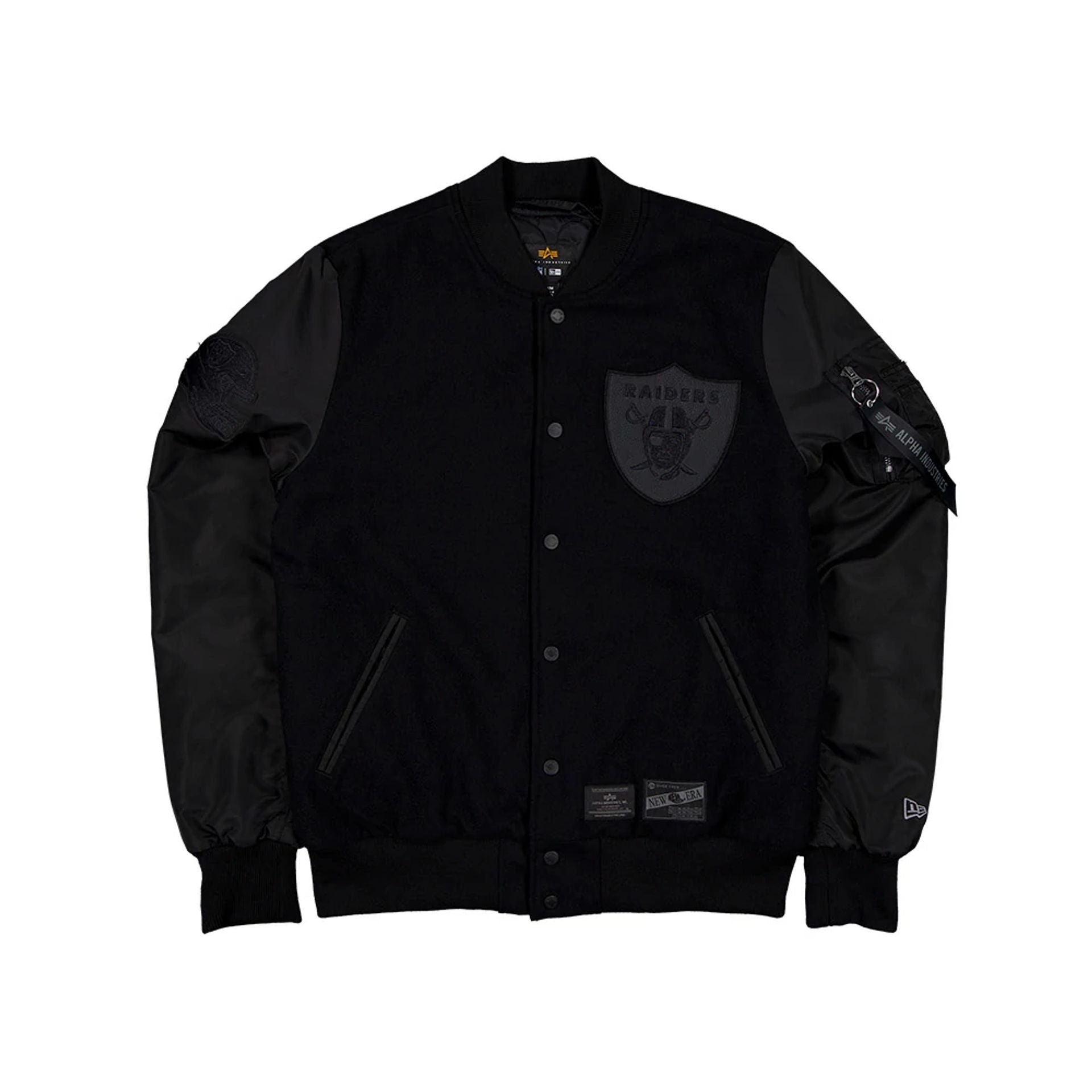 The Male model is wearing Las Vegas Raiders NFL x Alpha Industries Black On Black Varsity Jacket 1