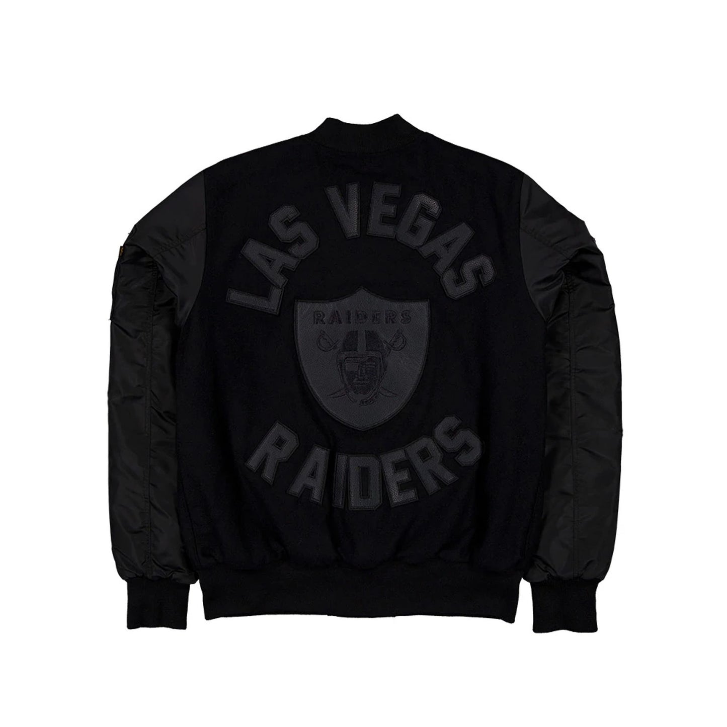 The Male model is wearing Las Vegas Raiders NFL x Alpha Industries Black On Black Varsity Jacket 2