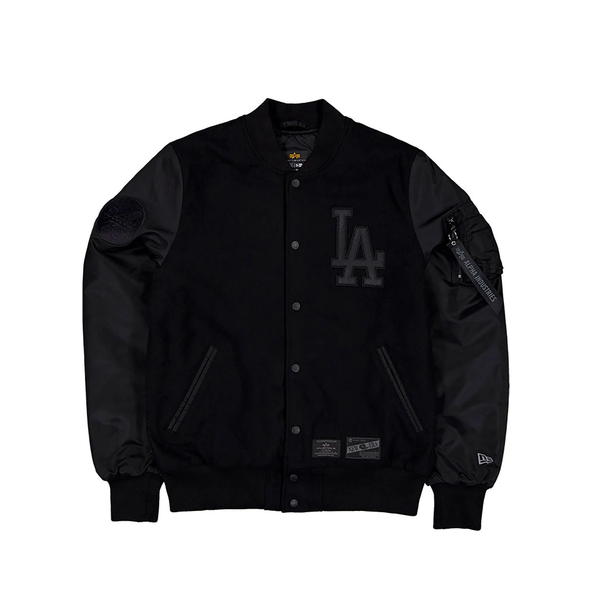 The Male model is wearing LA Dodgers MLB x Alpha Industries Black On Black Varsity Jacket 1