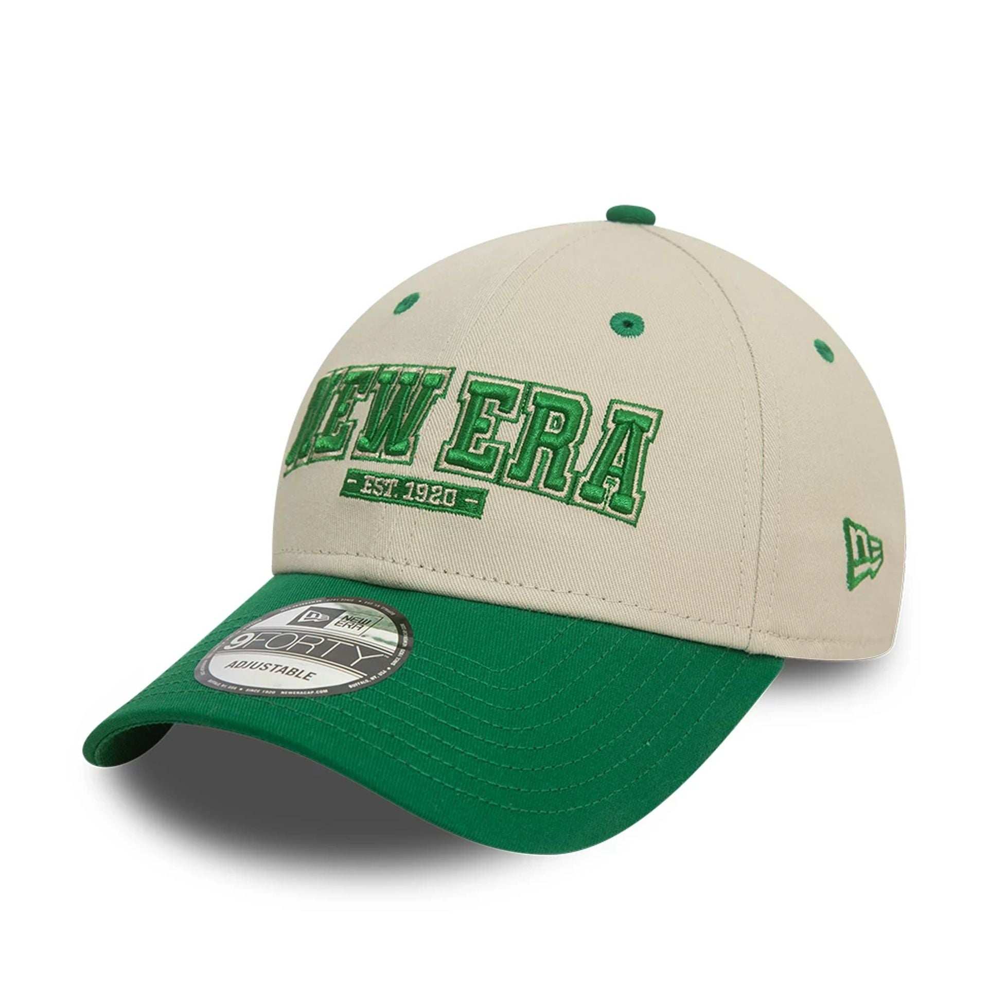 This is a New Era Script Contrast Stone and Green 9FORTY Adjustable Cap 1