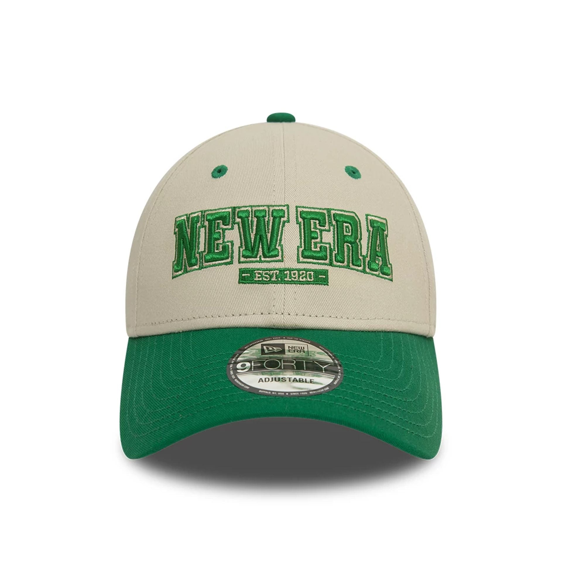 This is a New Era Script Contrast Stone and Green 9FORTY Adjustable Cap 2