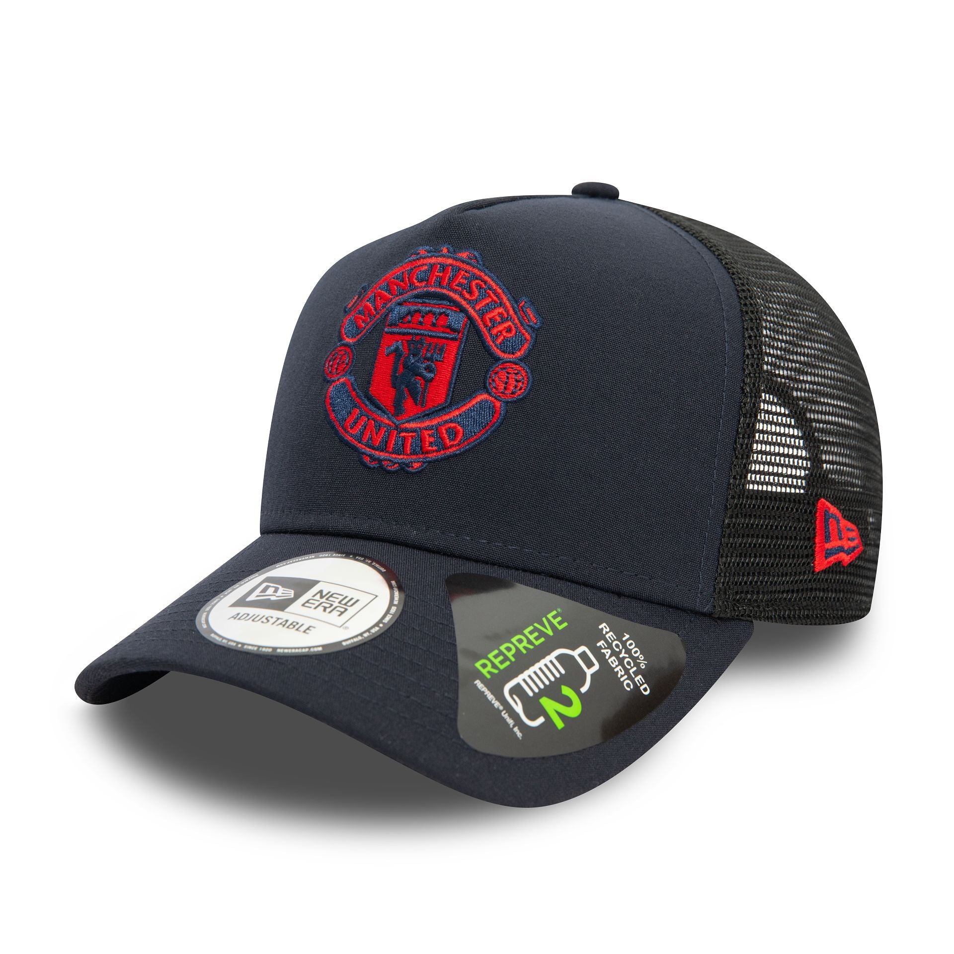 This is a Manchester United FC Seasonal Repreve Navy 9FORTY E-Frame Adjustable Trucker Cap 1