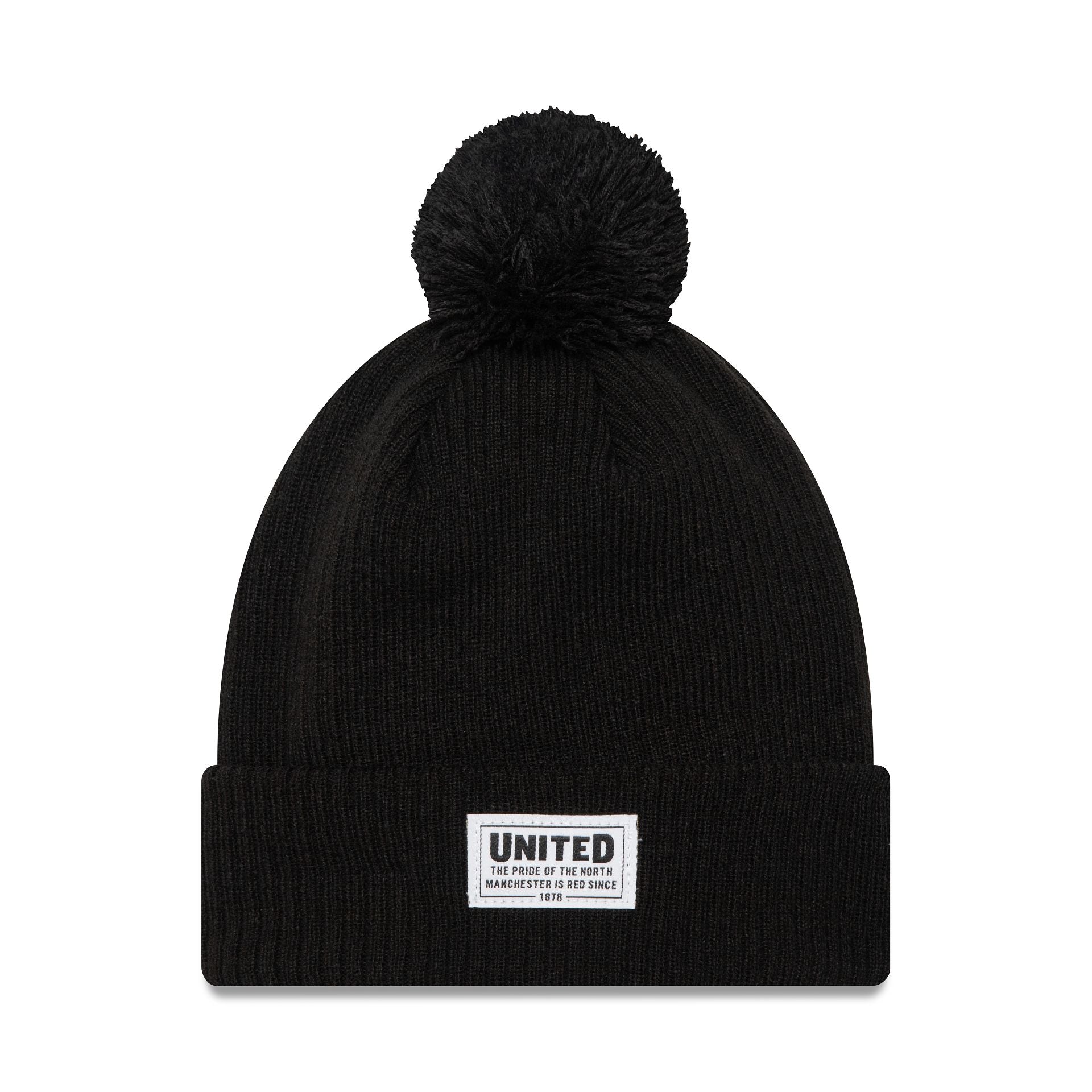 This is a Manchester United FC Stitch Patch Black Bobble Knit Beanie Hat 1