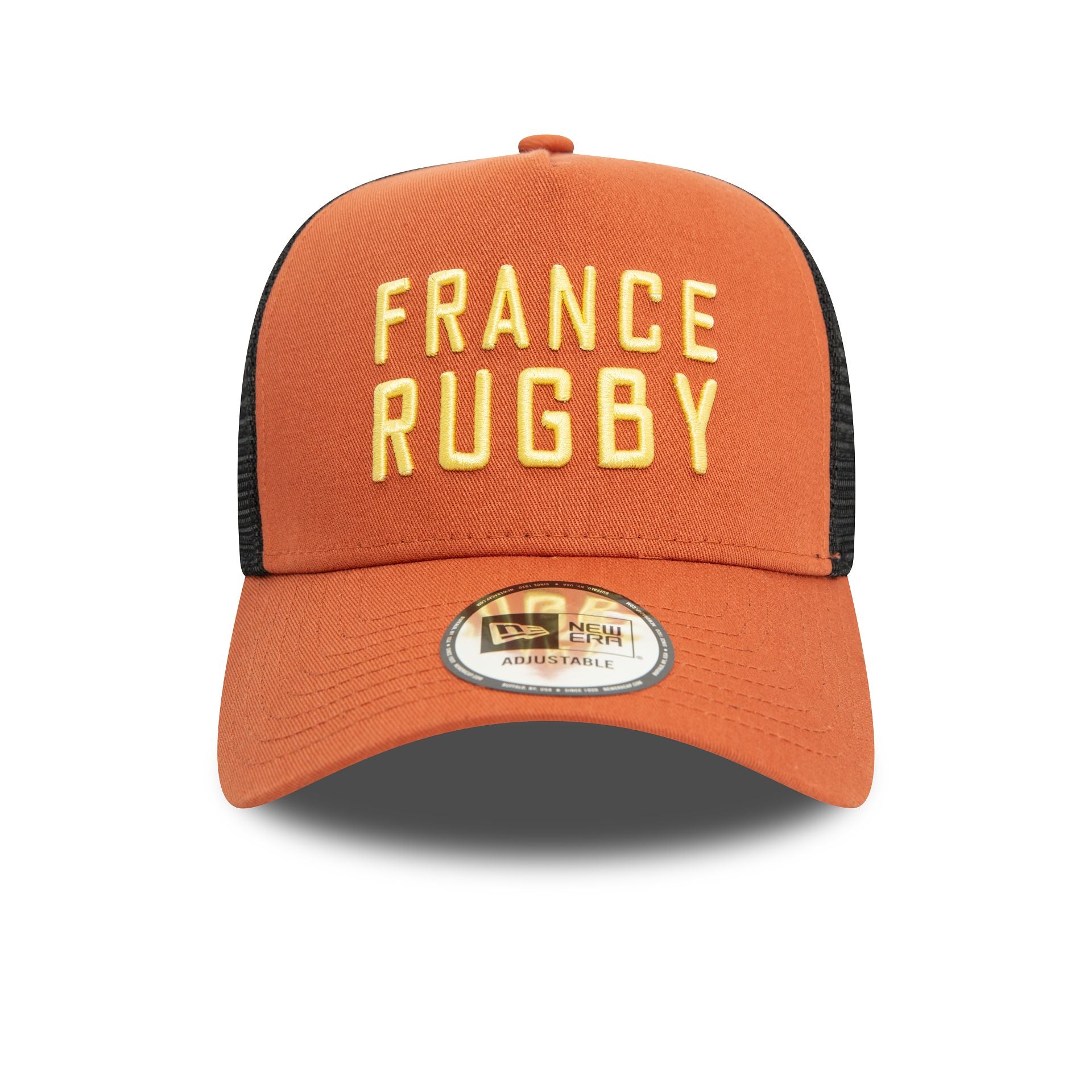 This is a French Federation Of Rugby Seasonal Brown 9FORTY E-Frame Adjustable Trucker Cap 2